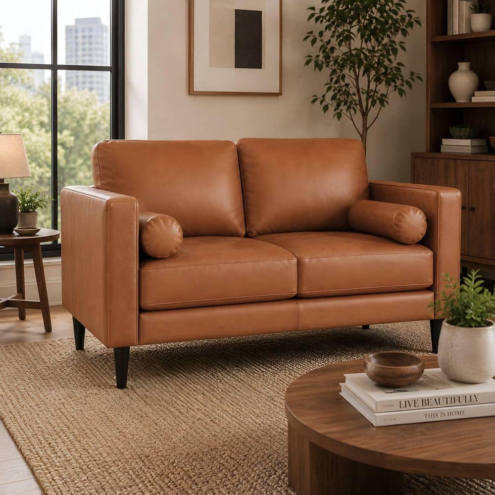 HOMESTOCK 55 in. Tan Mid-Century Leather 3-Seat Loveseat 99740-W