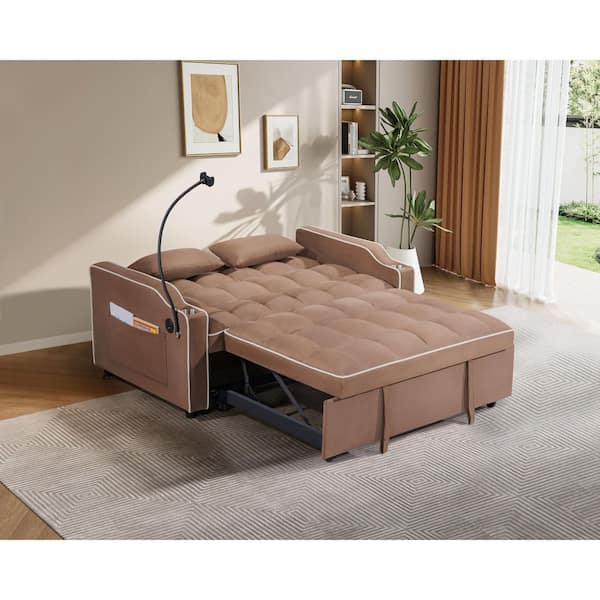 Lirago 55 in. Brown Suede Twin Size Sofa Bed with USB Port, Ashtray and Swivel Phone Stand