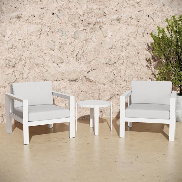 HAVEN WAY Monterey White 3-Piece Aluminum Frame Outdoor Conversation Set with Linen Cushions