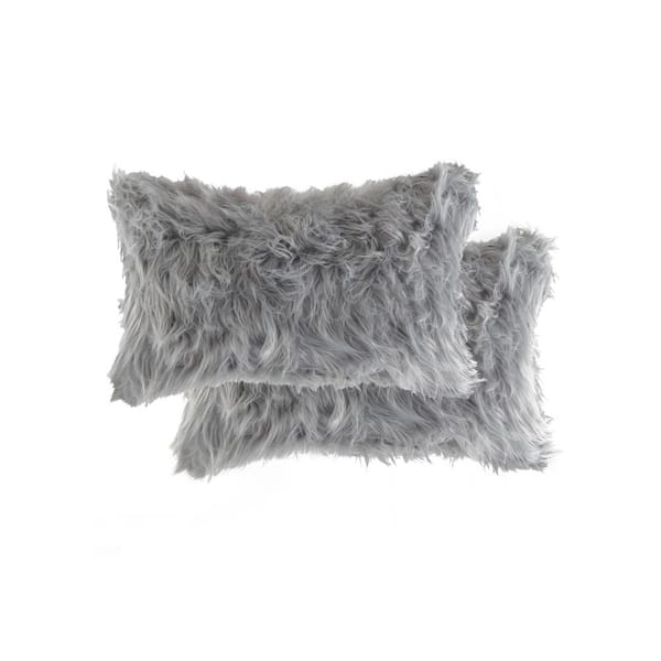 Luxe Faux Fur Belton Gray 12 in. x 20 in. Faux Sheepskin Decorative Pillow (Set of 2)