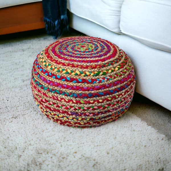 HomeRoots Amelia Multicolored Cotton Round Accent Ottoman