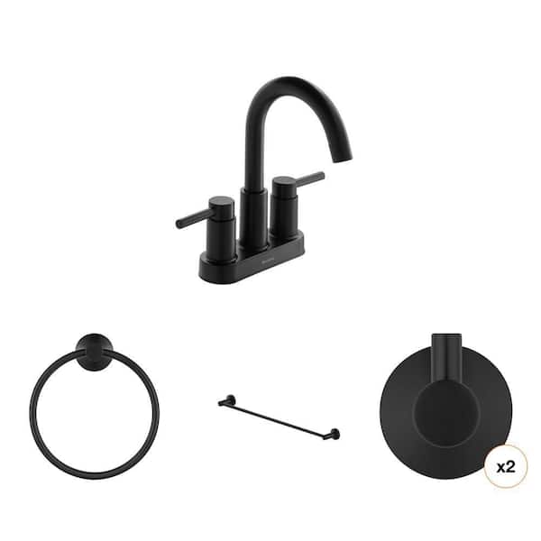 Dorind Matte Black Bathroom Set: Robe Hook, 4 in. Faucet, Towel Ring, 24 in. Bar