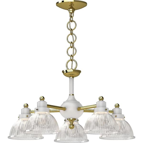 Volume Lighting 5 Lights Polished Brass and White Chandelier with Glass shade