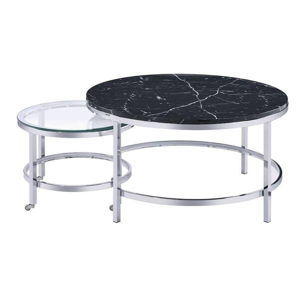 Acme Furniture Virlana 34 In Glass Top Faux Black Marble And Chrome Round Marble Coffee Table 2 Pieces 82475 The Home Depot