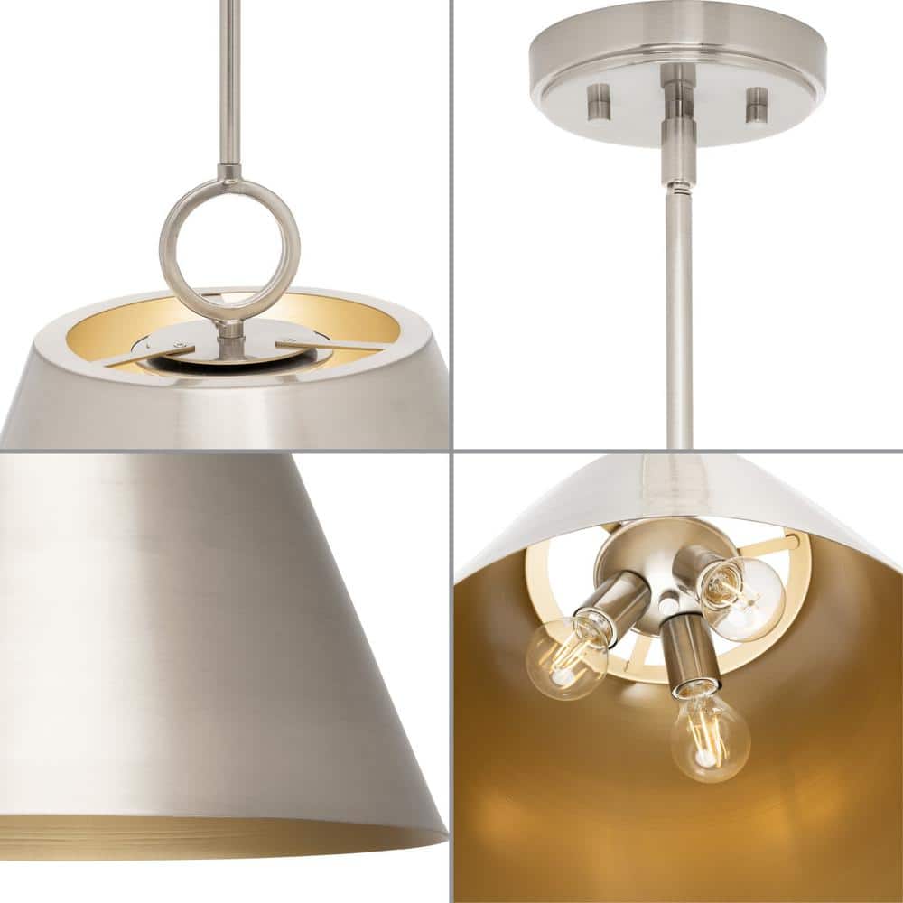 Parkhurst Brushed Nickel 3-Light Dome Pendant with Gold Interior