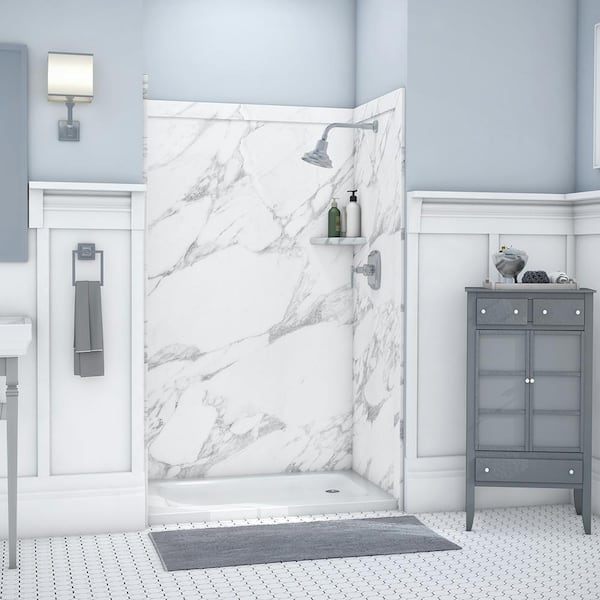 FlexStone Elegance 36 in. x 48 in. x 80 in. 9-Piece Easy Up Adhesive Alcove Shower Wall Surround in Calacatta White