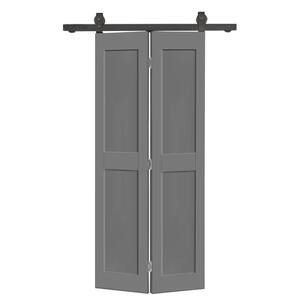 24 in. x 84 in. 2 Panel Shaker Hollow Core Light Gray Composite Bi-Fold Door with Sliding Barn Door Hardware Kit