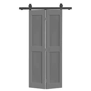 38 in. x 84 in. 2 Panel Shaker Hollow Core Light Gray Composite Bi-Fold Door with Sliding Barn Door Hardware Kit