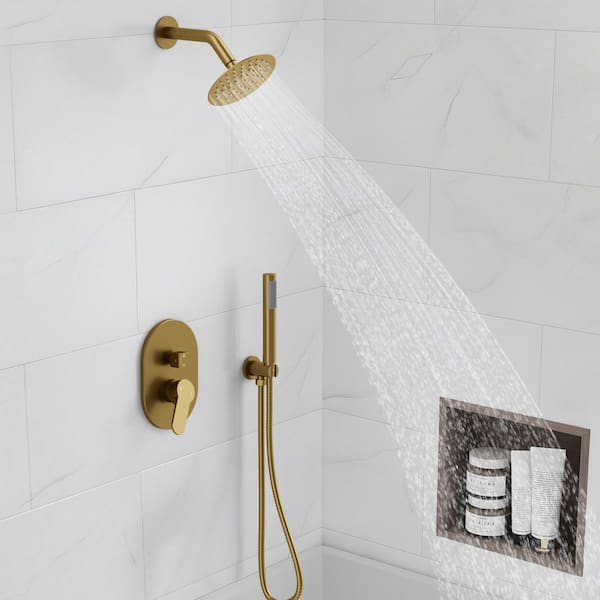 YAWWALK Dual Shower Head System 2‑Spray Wall‑Mounted High Pressure Handheld Shower Faucet with Valve, 1.8 GPM in Brushed Gold