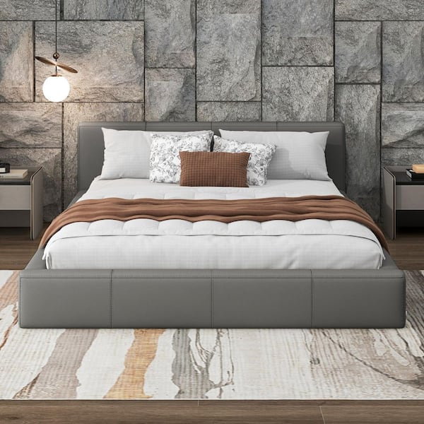 Lume Modern Gray PU Leather Upholstered Wood Frame Full Size Platform Bed with Headboard