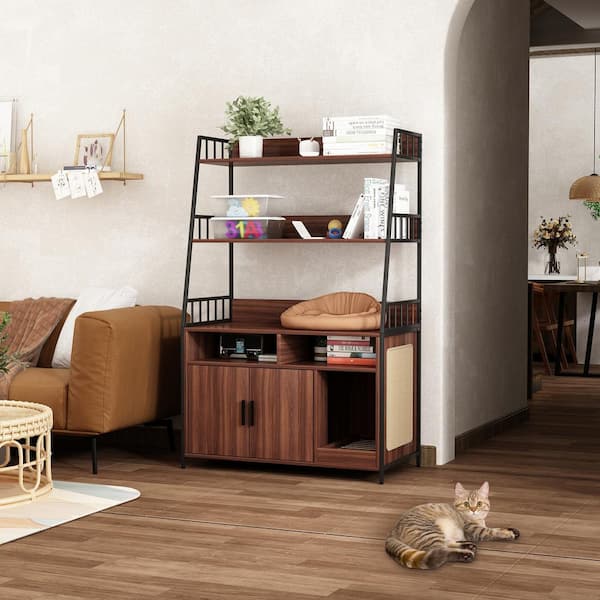 FUFU&GAGA Multi-Layer Storage Shelf Hidden Cat Litter Box Enclosure Furniture, Large Wood Cat House Furniture with Side Scratch