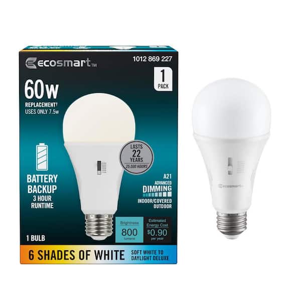 60-Watt Equivalent A21 E26 Base Dimmable Battery Backup LED Light Bulb with Selectable Color Temperature (1-Pack)
