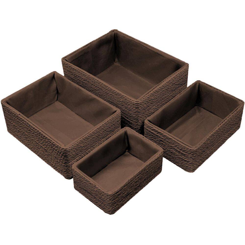 Storage Baskets for Bathroom, Woven Paper Rope Organizer Boxes, Brown 11 in. x 5 in. Cardboard Decorative Box Set of 4