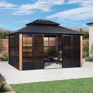 12 ft. x 14 ft. Patio Hardtop Gazebo Double Top Outdoor Wood Aluminum Solarium Backyard Sunroom with Detachable Windows