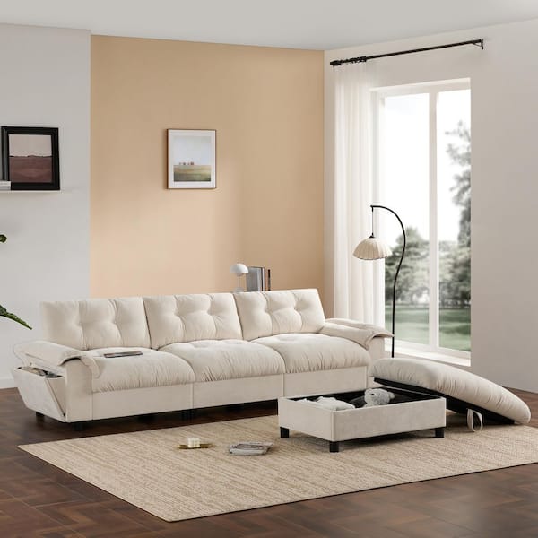 104 in. Chenille L-Shaped Sectional Sofa with Multifunctional Armrest in. Beige
