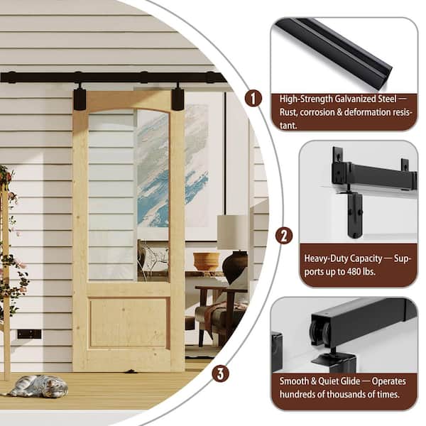 72 in. x 80 in. Universal/Reversible Archtop Clear Glass 3/4 Lite Unfinished Pine Wood Barn Door Slab with Hardware Kit