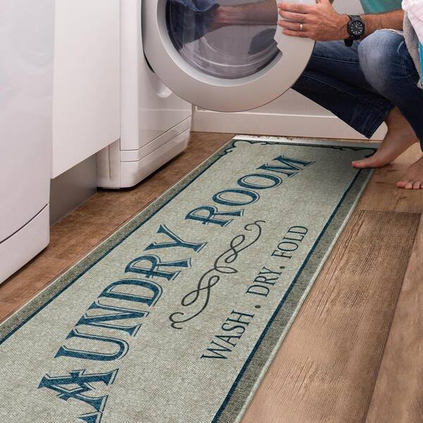 Ottomanson Laundry Non-Slip Rubberback Laundry Text 2x5 Laundry Room Runner Rug, 20 inch x 59 inch, Baby Blue