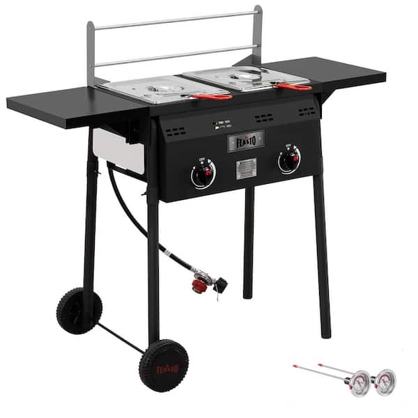 16Qt. Outdoor Propane Deep Fryer and Dual Tank with Dual Independent Cast Iron Burners with Double Fry Baskets, Black