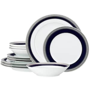 Crestwood Cobalt Platinum 12-Piece (White) Porcelain Dinnerware Set, Service for 4
