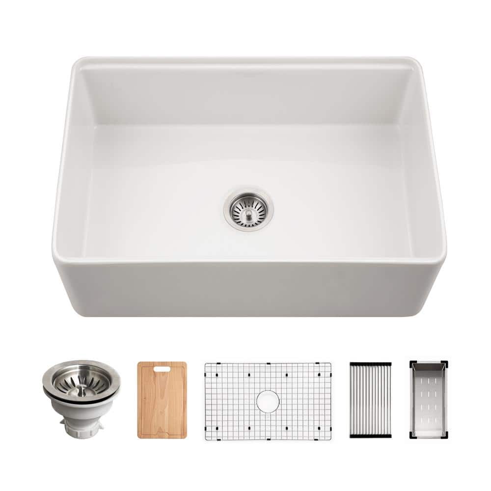 Aspire 30" White Fireclay Farmhouse Workstation Sink with Accessories