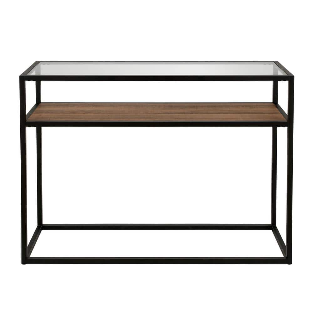 Addison Blackened Bronze 42" Glass Top Console Table with Oak Shelf