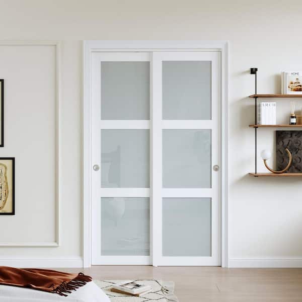 48 in. x 80 in. 3-Lite Tempered Frosted Glass White Finished MDF Closet Sliding Door with Hardware Kit