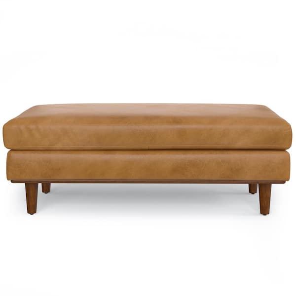 Morrison 49 in. Wide Mid-Century Modern Genuine Leather Large Rectangular Ottoman in Sienna Genuine Leather, Assembled