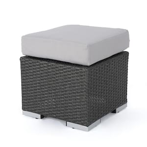 Black Wicker Outdoor Ottoman with Light Gray Cushion for Backyard, Porch, Poolside and Garden