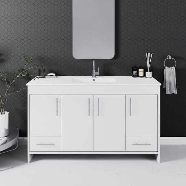 60 in. W x 18 in. D x 34 in. H Bath Vanity in Glossy White with Integrated Ceramic Top and Brushed Nickel Handles
