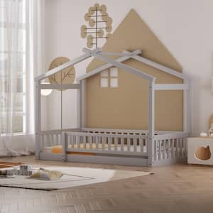 Gray Twin Size Wood House Bed with Fence Guardrails