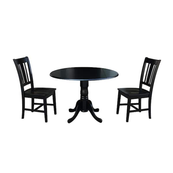 International Concepts Brynwood 3-Piece 42 in. Black Round Drop-Leaf Wood Dining Set with San Remo Chairs