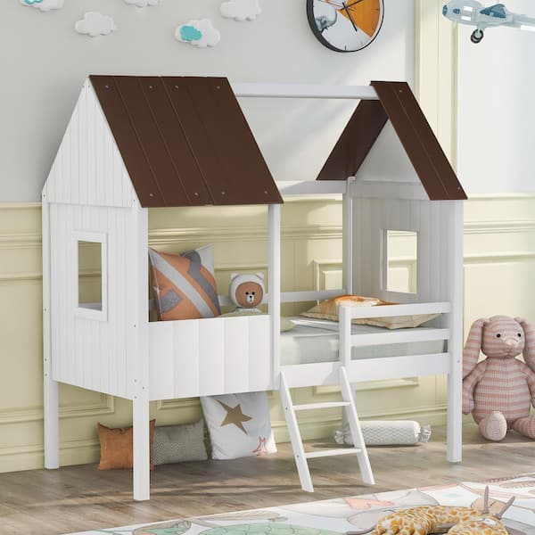 GODEER Antique Gray plus Normal White Twin Low Loft Wood House Bed with 2-Side Windows