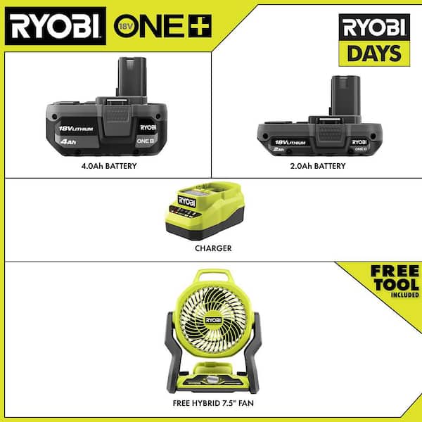 RYOBI - ONE+ 18V Lithium-Ion 4.0 Ah Battery, 2.0 Ah Battery, and Charger Kit with FREE ONE+ Hybrid WHISPER SERIES 7-1/2 in. Fan