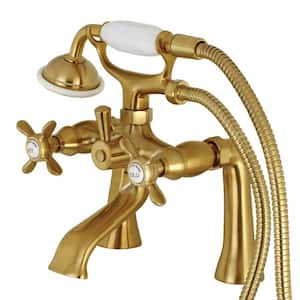 Victorian Deck Mount 3-Handle Claw Foot Tub Faucet with Handshower in Brushed Brass