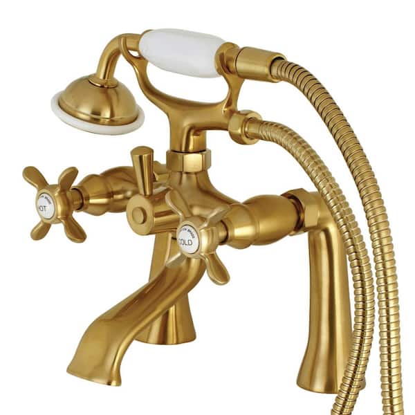 Victorian Deck Mount 3-Handle Claw Foot Tub Faucet with Handshower in Brushed Brass