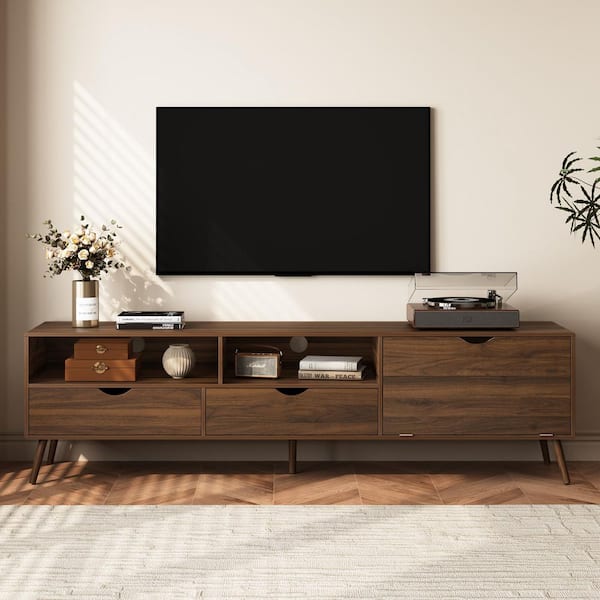 Yates Mid-Century Natural TV Stand Fits TVs up to 80 in. with 2 Drawers, 1 Drop-down Door, Open Storage