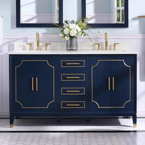 60 in. W x 22 in. D x 35 in. H Solid Wood Bathroom Vanity in Navy Blue with Gold Trim, Quartz Top with Double Sink