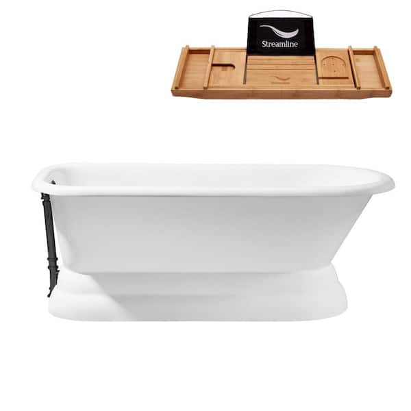 Streamline 66 in. Cast Iron Flat Bottom Non-Whirlpool Bathtub in Glossy White with Matte Black External Drain and Tray