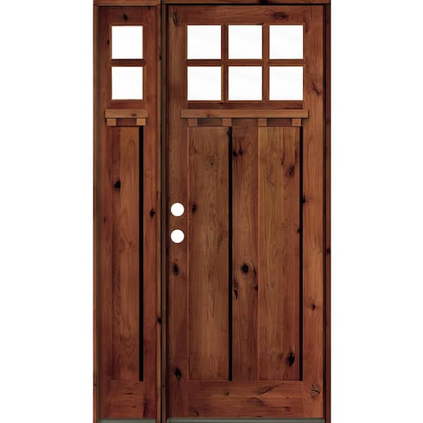 Krosswood Doors 50 in. x 96 in. Craftsman Alder Right-Hand Clear Glass Red Chestnut Stain Wood Prehung Front Door/Left Sidelite with DS