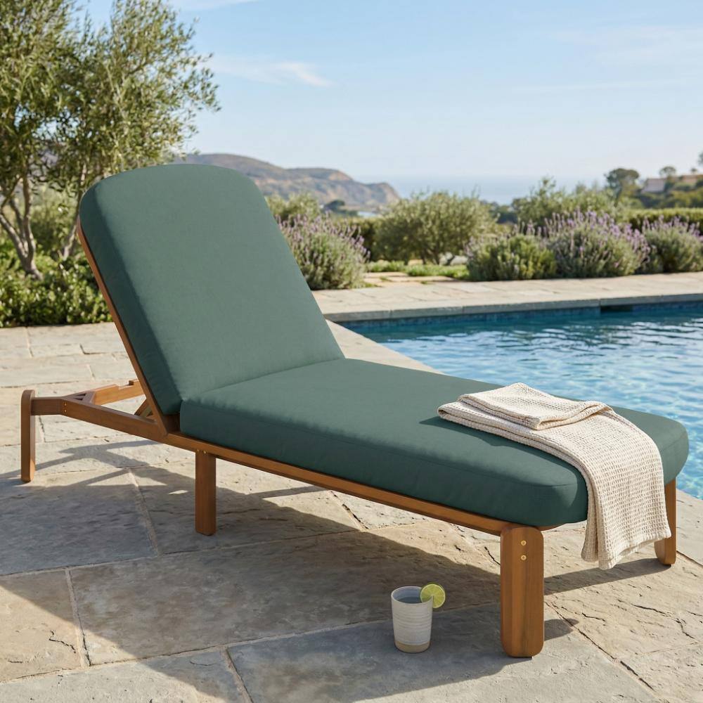 Outdoor Wood Chaise Lounge with Adjustable Backrest and Green Cushions price history on PriceWatchPro