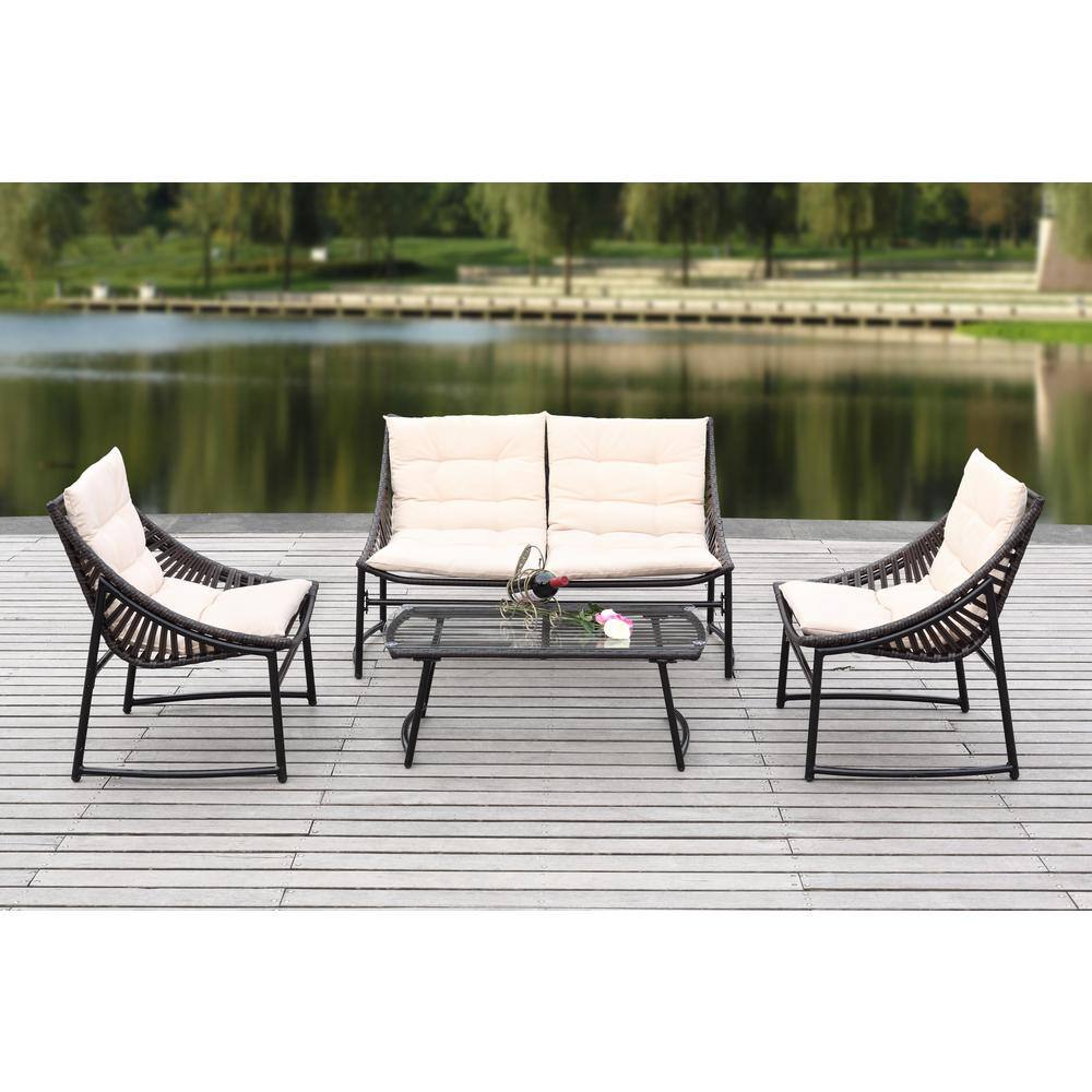 Berkane Beige and Brown Wicker 4-Piece Patio Conversation Set