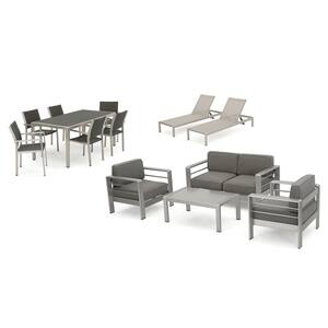 13-Piece Metal and Faux Rattan Patio Dining, Conversation and Lounge Set with Khaki Cushions