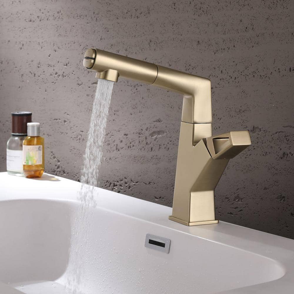 Brushed Gold Deck-Mounted Bathroom Faucet with Pull Out Sprayer