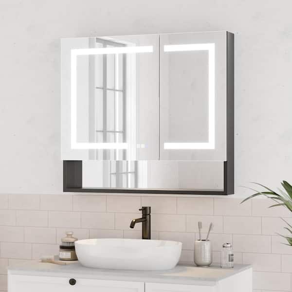 ExBrite 36 in. W x 32 in. H Black Aluminum Recessed or Surface Mount Dimmable Medicine Cabinet with Mirror LED and Shelves