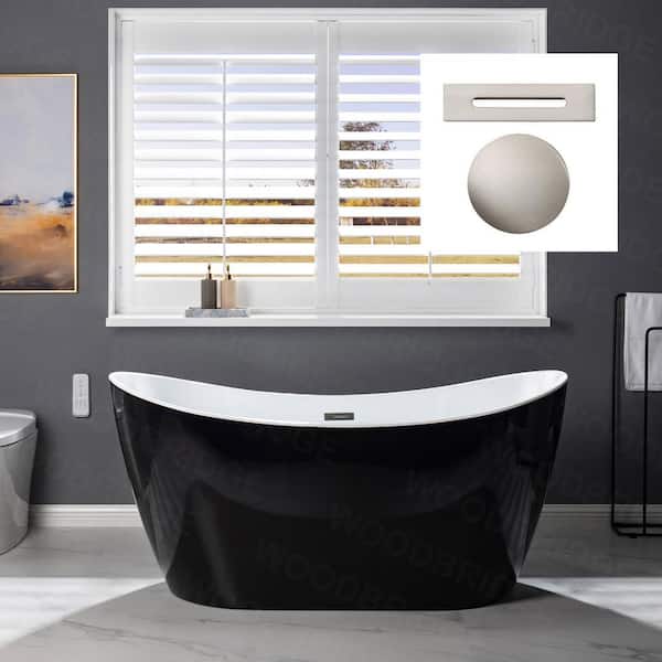 WOODBRIDGE Grant 59 in. Acrylic FlatBottom Double Slipper Bathtub with Brushed Nickel Overflow and Drain Included in Black