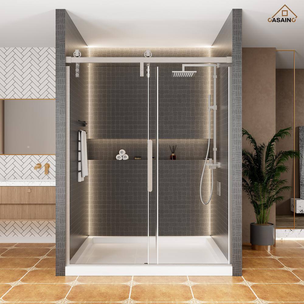 60'' Brushed Nickel Frameless Sliding Shower Door with Clear Glass