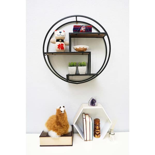 ADMIRED BY NATURE 23 in. Black Round Wall-Mounted Iron Hanging Storage Floating Shelves