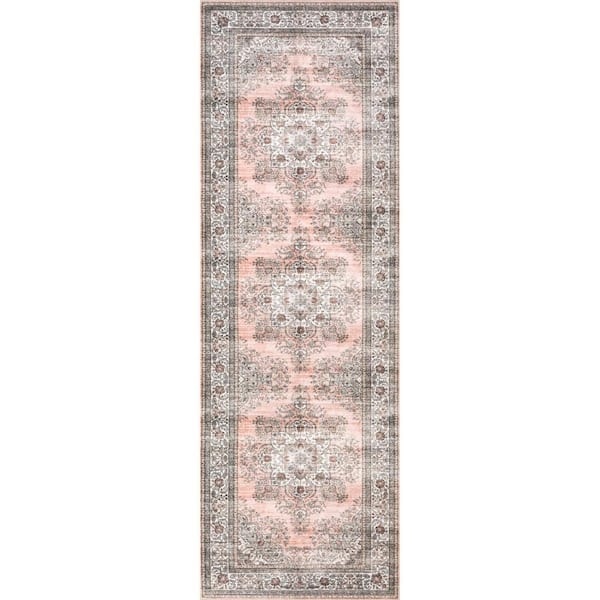 nuLOOM Cia Floral Spill-Proof Machine Washable Pink 3 ft. x 8 ft. Vintage Runner Rug