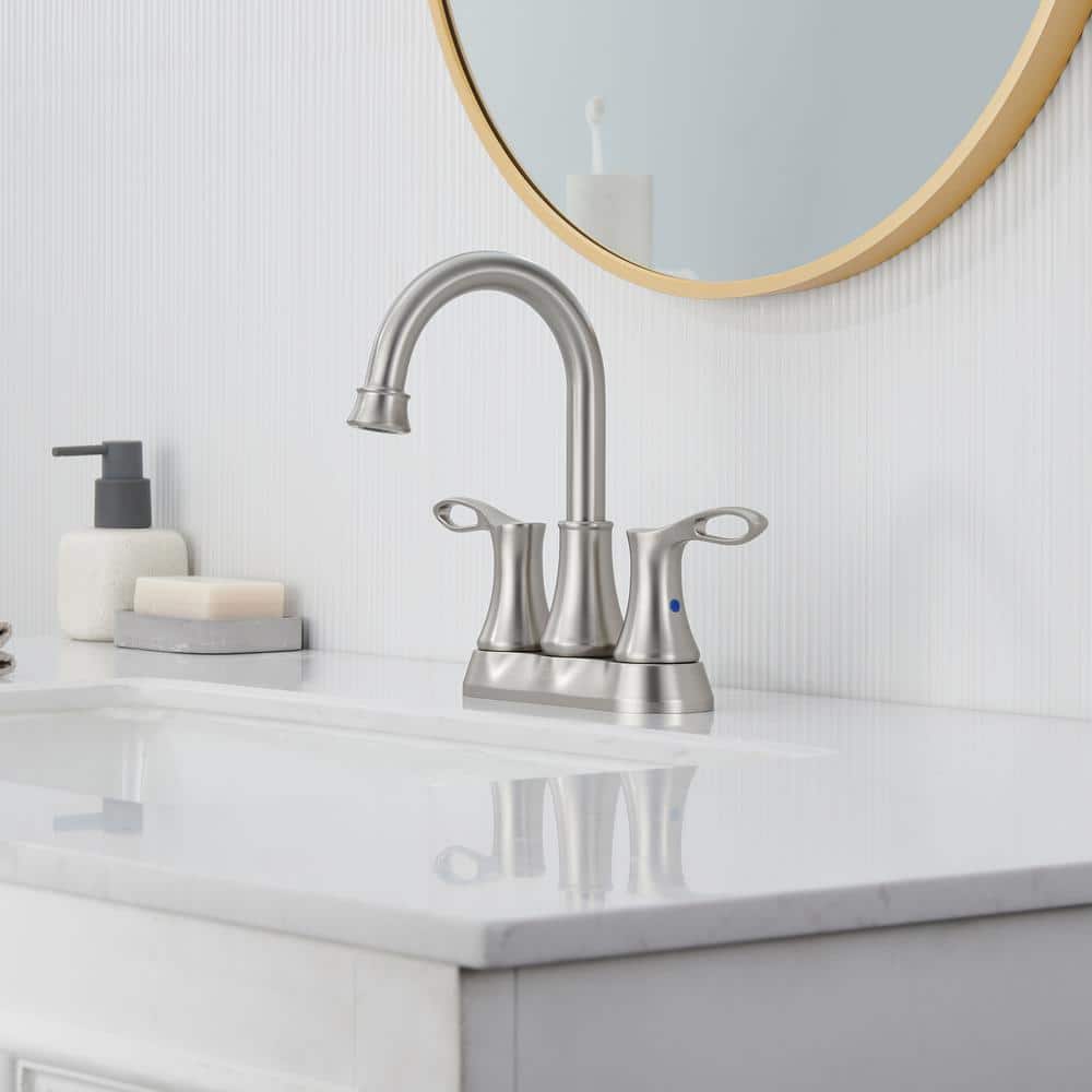 Brushed Nickel Dual Handle High Arc Bathroom Faucet with Metal Drain