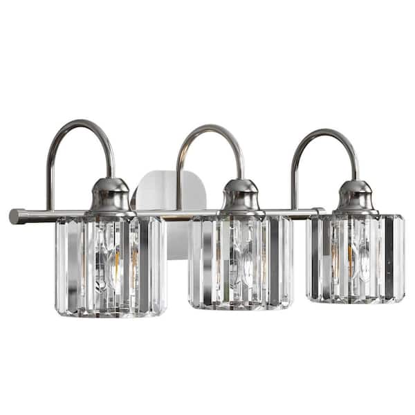 Merrin 23.1 in. 3-Light Brushed Nickel Bathroom Vanity Light with Crystal Shades